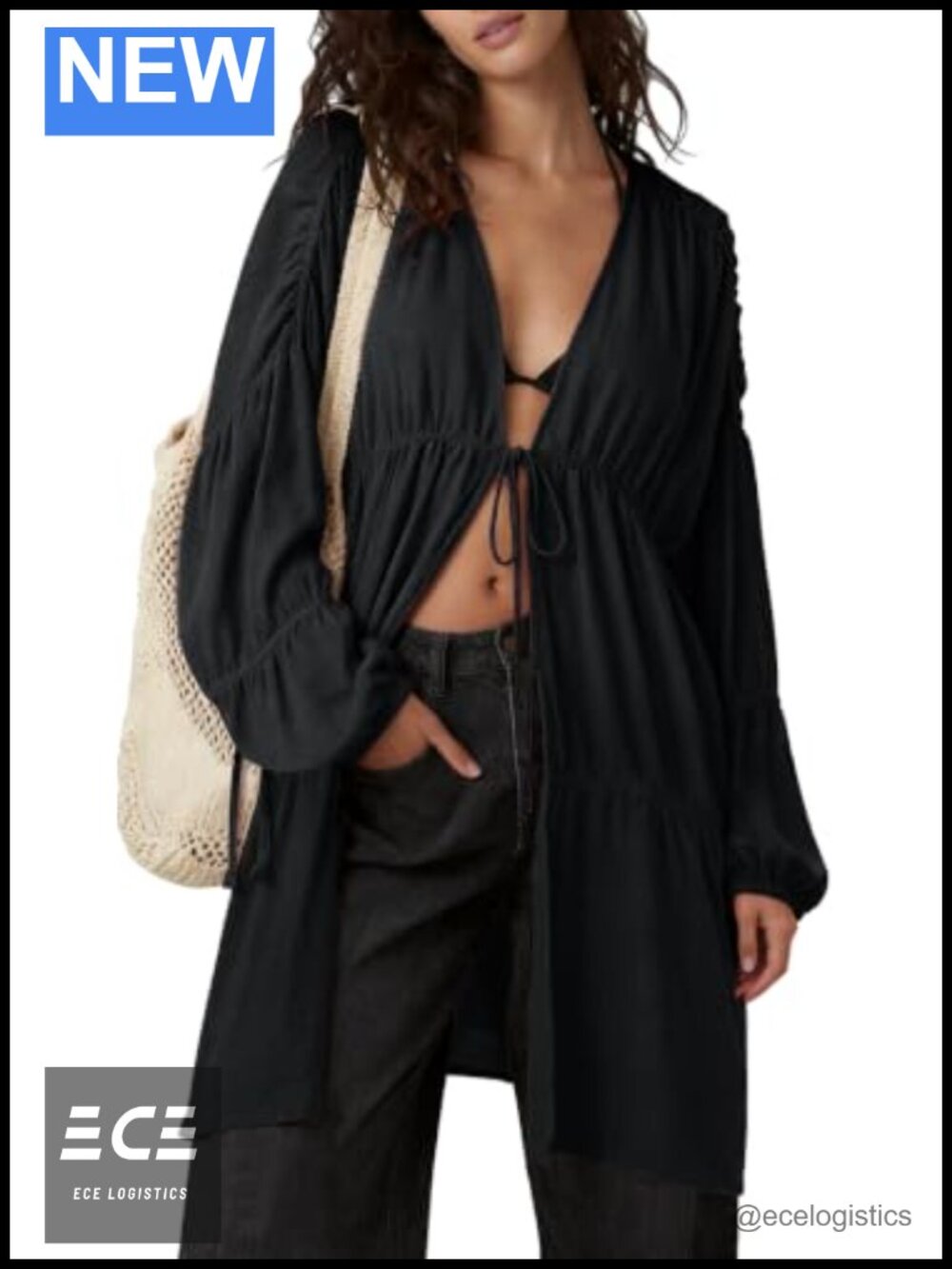 Womens Linen Kimono Duster Tie Front Coverup with Pockets
